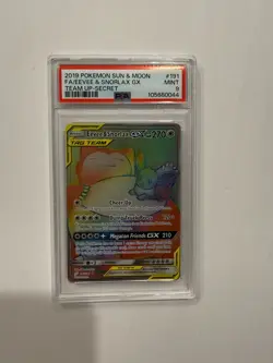 2019 Pokemon Sun And Moon Team Up Secret #191 Eevee & Snorlax GX Full Art PSA 9 - Image 1