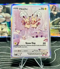 Pikachu Snow Day Custom Fan Art Pokemon Card w/ Holo Sleeve - Image 1
