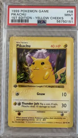1999 Pokemon 1st Edition Base Set Shadowless Pikachu #58 Yellow Cheeks PSA 9 - - Image 1