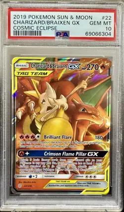 2019 Cosmic Eclipse Charizard & Braixen GX Tag Team Card 22/236 PSA 10 GEM MINT - Image 1