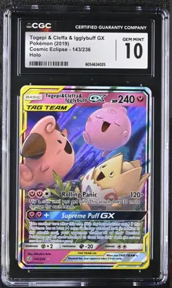 Pokemon CGC 10 GEM MINT Togepi & Cleffa & Igglybuff GX 143/236 Cosmic Eclipse - Image 1