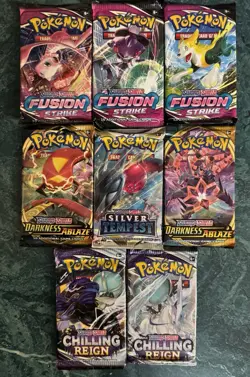 Pokemon Sword & Shield CR Fusion Strike Silver Tempest + More 8 Booster Pack Lot - Image 1