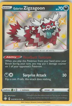 Galarian Zigzagoon SV078/SV122 - Pokemon Shining Fates SWSH Shiny Rare Card NM - Image 1