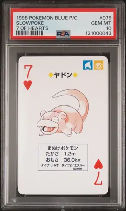 1998 POKEMON BLUE VERSION PLAYING CARDS 7 OF HEARTS #079 SLOWPOKE PSA 10 - Image 1