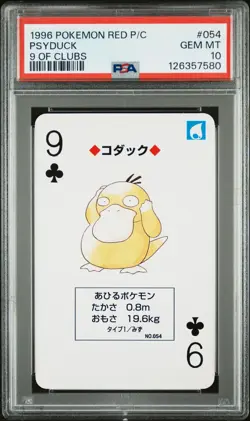 1996 POKEMON RED VERSION PLAYING CARDS 9 OF CLUBS #054 PSYDUCK PSA 10 - Image 1