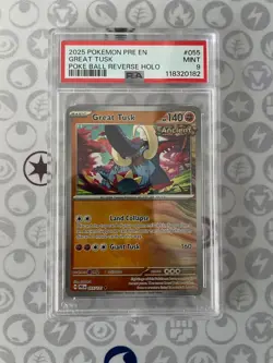 Pokemon SV Prismatic Evolutions Poke Ball Rev. Holo Great Tusk 055/131 PSA 9 - Image 1