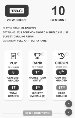 TAG GEM MINT 10 Blaziken V Full Art 161/198 Chilling Reign Pokemon (#1 Overall) - Image 3
