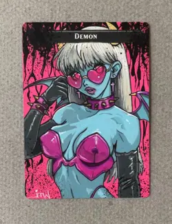Magic MTG Altered Painted Demon Token Anime Girl by white_alters - Image 1