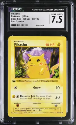 CGC 7.5 Pikachu Base Set 1st Edition Shadowless 58/102 Red Cheeks Pokemon Card - Image 1