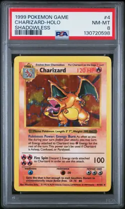 1999 POKEMON GAME SHADOWLESS #4 CHARIZARD-HOLO PSA 8 - Image 1