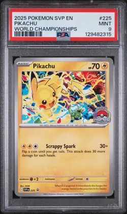 2025 POKEMON SVP EN-SV BLACK STAR PROMO WORLD CHAMPIONSHIPS #225 PIKACHU PSA 9 - Image 1