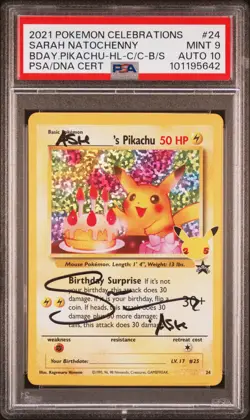 PSA AUTO 10 Birthday Pikachu 24 Sarah Natochenny Signed Holo Pokemon Card Mint 9 - Image 1