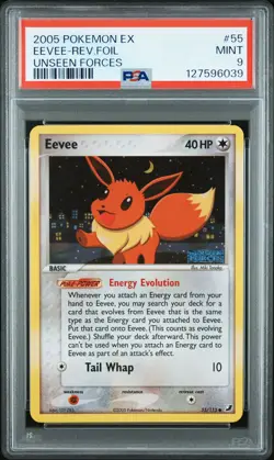 2005 POKEMON EX UNSEEN FORCES #55 EEVEE-REVERSE FOIL PSA 9 - Image 1