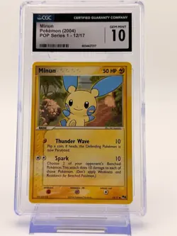 CGC 10 GEM MINT Minun POP Series 1 12/17 Non-Holo Graded Pokemon TCG - Image 1
