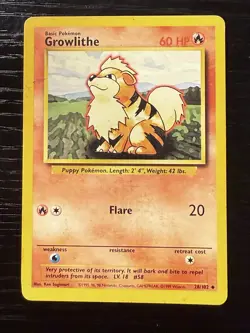 Growlithe 28/102 Pokemon TCG Base Set Shadowless Unlimited Regular Uncommon LP - Image 1