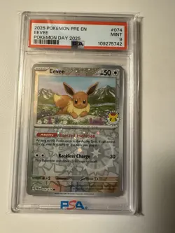 2025 Pokemon Pre En-Prismatic Evolutions #074 Eevee Pokemon Day 2025 PSA 9 - Image 1