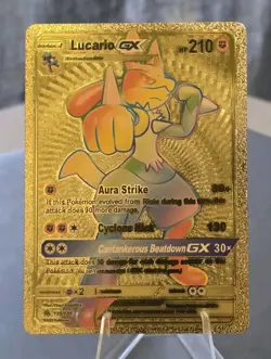 Pokemon Lucario GX 210hp Gold Foil Fan Art Collector Card TCG Rainbow - Image 1