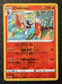 Pokemon Cinderace Sword & Shield Base Set 035/202 Reverse Holo Rare - LP - Image 1