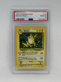 1999 POKEMON BASE SET UNLIMITED #14 RAICHU-HOLO PSA 8 - Image 1