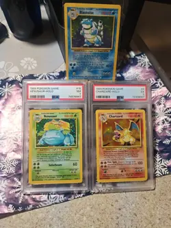 POKEMON TCG BASE SET HOLOS CHARIZARD(PSA 5) BLASTOISE(RAW) AND VENUSAUR (PSA 7) - Image 1