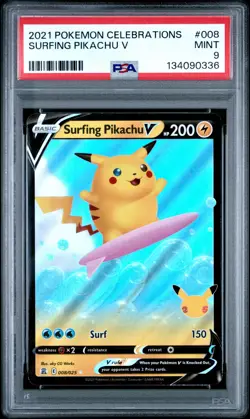 2021 POKEMON CELEBRATIONS #008 SURFING PIKACHU V PSA 9 - Image 1