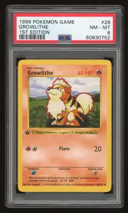 1999 Pokemon 1st Edition Shadowless Growlithe # 28 PSA 8 - Image 1