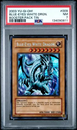 2003 YU-GI-OH! BOOSTER PACK TIN #009 BLUE-EYES WHITE DRAGON PSA 7 - Image 1