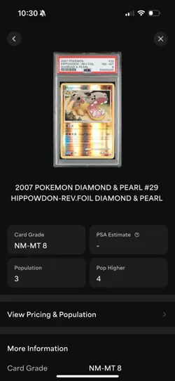 2007 Pokemon Diamond and Pearl Hippowdon Reverse Holo PSA 8 POP 3 - Image 2