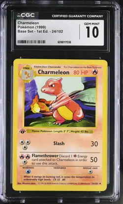 CGC 10 Charmeleon 1999 Base Set 1st Edition Shadowless 24/102 Pokemon Card - Image 1