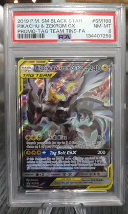 2019 Pokemon S&M Black Star Promo SM168 Pikachu & Zekrom GX - Tag Team PSA 8 - Image 1