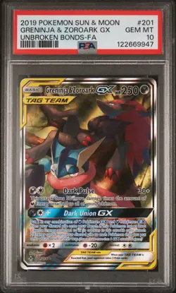 2019 POKEMON SUN & MOON UNBROKEN BONDS FULL ART/GRENINJA & ZOROARK GX PSA 10 - Image 1