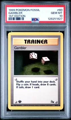 PSA 10 GEM MINT 1999 POKEMON FOSSIL 60 GAMBLER 1ST EDITION ENGLISH - Image 1