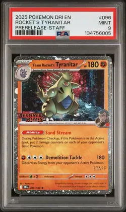 2025 POKEMON DESTINED RIVALS PRERELEASE-STAFF #096 TEAM ROCKET'S TYRANITAR PSA 9 - Image 1