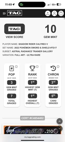 Shadow Rider Calyrex V TG17 - Pokemon TAG Gem Mint 10 #1 Highest - Image 3