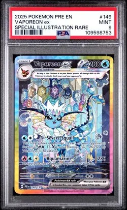 PSA 9 💎 2025 POKEMON PRE EN-PRISMATIC EVOLUTIONS SIR VAPOREON EX #149/131 - Image 1