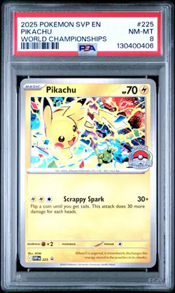 2025 POKEMON SVP EN-SV BLACK STAR PROMO WORLD CHAMPIONSHIPS #225 PIKACHU PSA 8 - Image 1