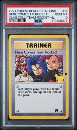 PSA 10 Here Comes Team Rocket 15/82 Celebrations Classic Collection Pokemon Card - Image 1