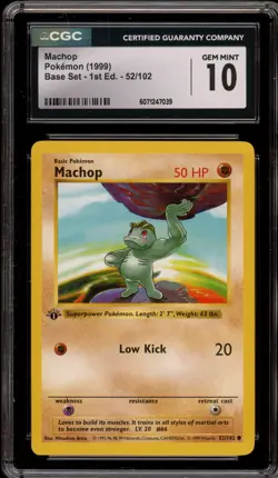 Pokemon Machop Base Set Shadowless 1st Edition #52 CGC 10 Gem Mint - Image 1