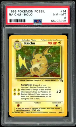 Pokemon Raichu Fossil Unlimited Holo Rare Card #14 - PSA 8 NM-MT - Image 1