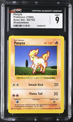 1999 Pokemon Base Set Shadowless Ponyta 60/102 Print Error CGC 9 Mint - Image 1