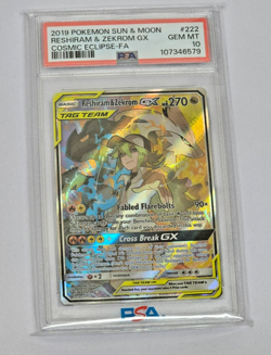 2019 POKEMON SUN & MOON COSMIC ECLIPSE #222 FULL ART/RESHIRAM & ZEKROM GX PSA 10 - Image 1