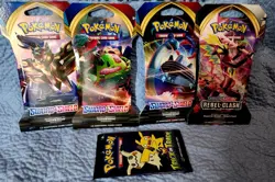 Pokemon Booster Pack Lot Sword and Shield Rebel Clash Set of 5 Plus Bonus Trick 820650806810 - Image 1