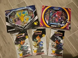 Pokemon Pikachu V Box + Hoopa V Box + First Partner Pack Bundle - Image 1