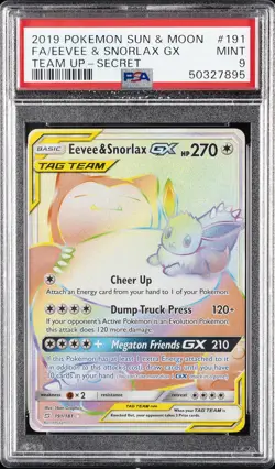 2019 POKEMON SUN & MOON TEAM UP SECRET #191 FULL ART/EEVEE & SNORLAX GX PSA 9 - Image 1