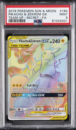 2019 POKEMON SUN & MOON TEAM UP SECRET #184 FULL ART/PIKACHU & ZEKROM GX PSA 9 - Image 1