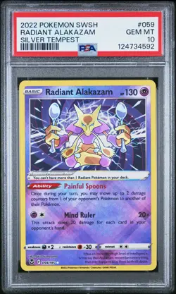 2022 POKEMON SWORD & SHIELD SILVER TEMPEST #059 RADIANT ALAKAZAM PSA 10 - Image 1
