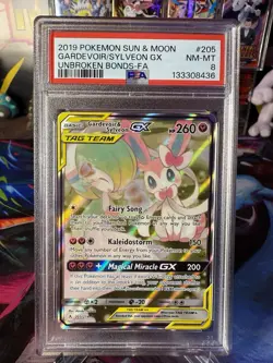 Pokemon TCG 2019 SM Unbroken Bonds Gardevoir & Sylveon GX 205/214 PSA 8 - Image 1