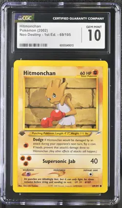 CGC 10 GEM MINT Hitmonchan Neo Destiny 1st Edition 69/105 Pokemon Card - Image 1