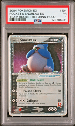 SWIRL PSA 1 2004 Pokemon Rocket Returns Rocket's Snorlax EX 104/109 Holo Foil - Image 1