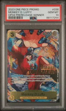 Monkey D. Luffy Winner P-036 OP04 Pre-Release Promo One Piece Card PSA 10 - Image 1
